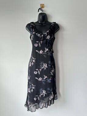 Vintage y2k Black Floral Chiffon Ruffle Asymmetrical Hem Dress Large Midi 90s